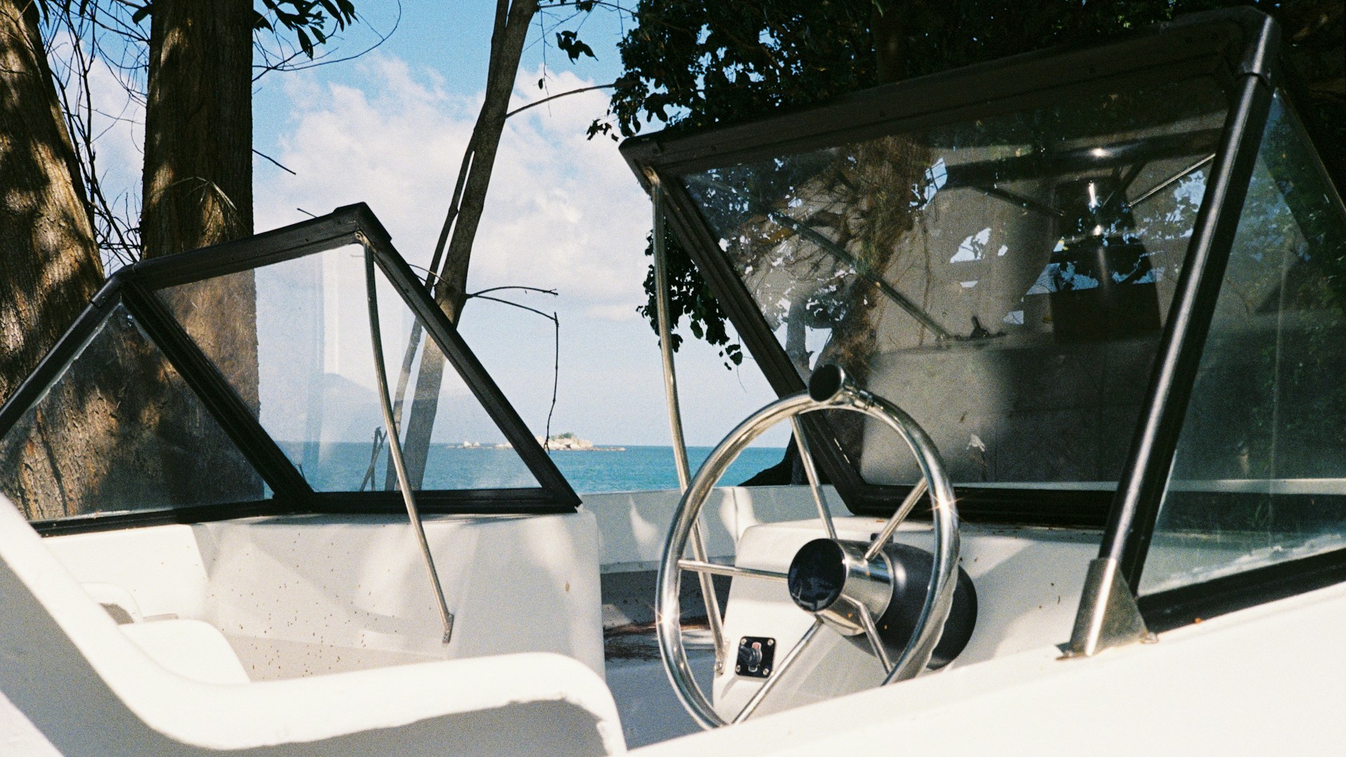 steering wheel of a small boat