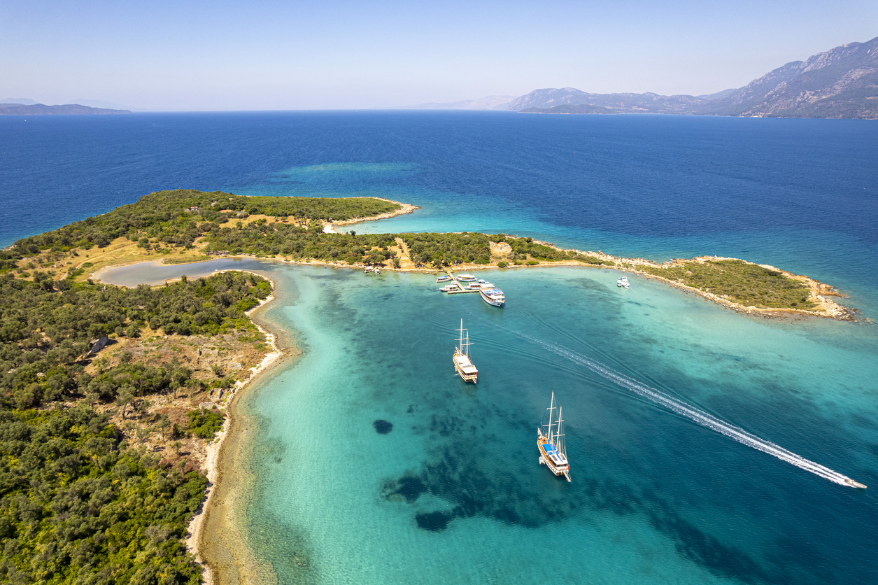 multiple boats on sea near a landmass